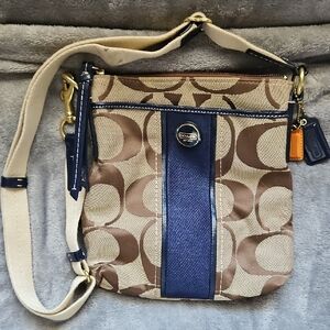 Coach Signature Tan and Navy Crossbody Bag